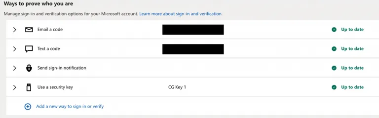 Ways to prove yourself screen with the Microsoft Consumer Version. With various options for Passwordless including Windows Hello and FIDO Security Keys