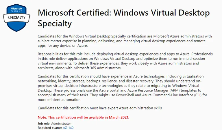 Microsoft Certified Windows Virtual Desktop Speciality